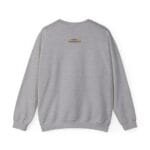 Back view of a light gray sweatshirt with a small orange tag on the upper back.