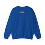 Blue long-sleeve crewneck sweatshirt shown from the back with a small beige label near the neckline on the upper back.