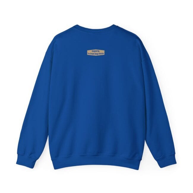 Blue long-sleeve crewneck sweatshirt shown from the back with a small beige label near the neckline on the upper back.