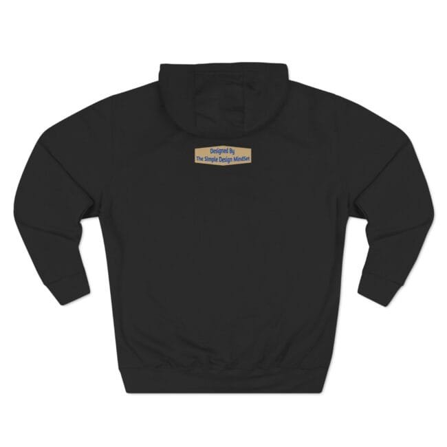 Black hoodie with a small beige patch at the back neck area reading 'Designed By The Simple Design Mindset' (centered label).