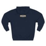 Back view of a navy hoodie featuring a small beige label centered on the upper back that reads 'Designed By The Simple Design MindSet'