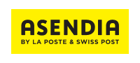 Shipping-service-asendia | the Mindset Designed Asendia Logo on a Bright Yellow Background Reading'ASENDIA BY LA POSTE & SWISS POST'.