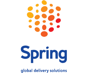 Spring Logo | the Mindset Designed Logo: Orange Dotted Shield Above the Blue Word'Spring' and the tagline 'global delivery solutions'