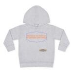 Gray hoodie with a blue outlined badge featuring orange text: 'BREATHE IN THE FRESH AIR TO EMPOWER YOUR ENERGY' and a small tan label on the lower front.