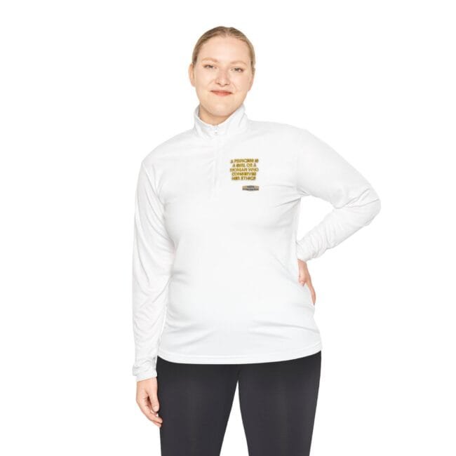 Woman wearing a white quarter-zip fleece top with a small yellow text logo on the left chest, standing against a white background.