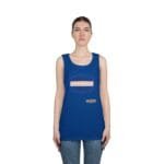 Woman wearing a royal blue sleeveless tank top with a centered orange text graphic reading, 'BREATHE IN THE FRESH AIR TO EMPOWER YOUR ENERGY,' on a white background.