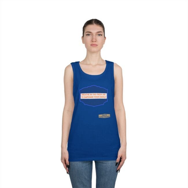 Woman wearing a royal blue sleeveless tank top with a centered orange text graphic reading, 'BREATHE IN THE FRESH AIR TO EMPOWER YOUR ENERGY,' on a white background.