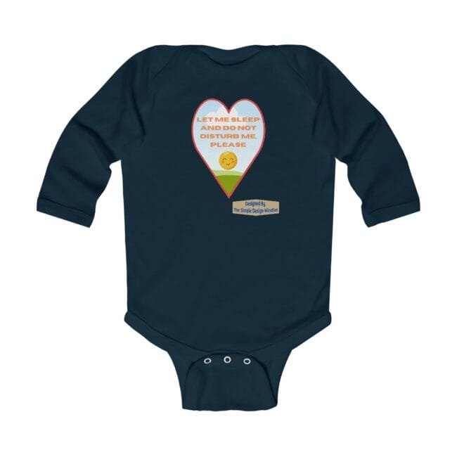 Baby onesie with a heart graphic and the text 'Let me sleep and do not disturb me, please' on the chest.