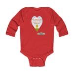Red baby onesie with a heart-shaped graphic that reads 'Let Me Sleep And Do Not Disturb Me, Please' over a small sun and green hill motif, plus a designer label beneath.