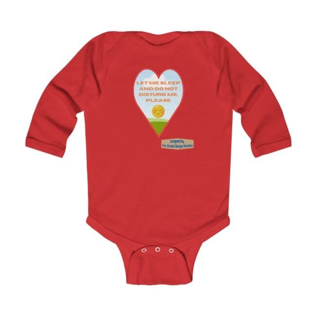 Red baby onesie with a heart-shaped graphic that reads 'Let Me Sleep And Do Not Disturb Me, Please' over a small sun and green hill motif, plus a designer label beneath.