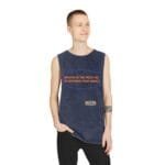 Man modeling a navy acid-wash sleeveless tank top with an orange slogan: 'BREATHE IN THE FRESH AIR TO EMPOWER YOUR ENERGY'.