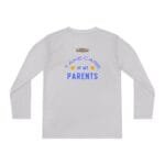 Light gray long-sleeve shirt with a blue curved text graphic reading 'Take care of my parents' and two emoji faces between the words, plus a small label on the upper back area.