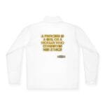 White long-sleeve shirt viewed from back with a gold, raised-letter quote: 'A PRINCESS IS A GIRL OR A WOMAN WHO CONSERVES HER ETHICS', plus a small designer tag below.