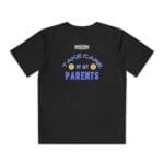 Black t-shirt featuring a blue 'Take Care of My Parents' message with emoji accents and a small designer label at the top center of the graphic.