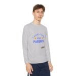 Light gray long-sleeve shirt on a model, with blue 'TAKE CARE OF MY PARENTS' text on the chest.