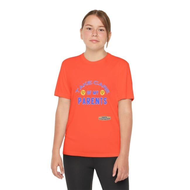 Teenage girl wearing a bright orange T-shirt with a blue slogan that says 'Take care of my parents'.