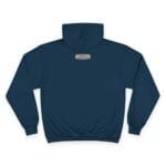Back view of a navy hoodie with a small beige label centered near the neckline on the upper back (tag text may be present)