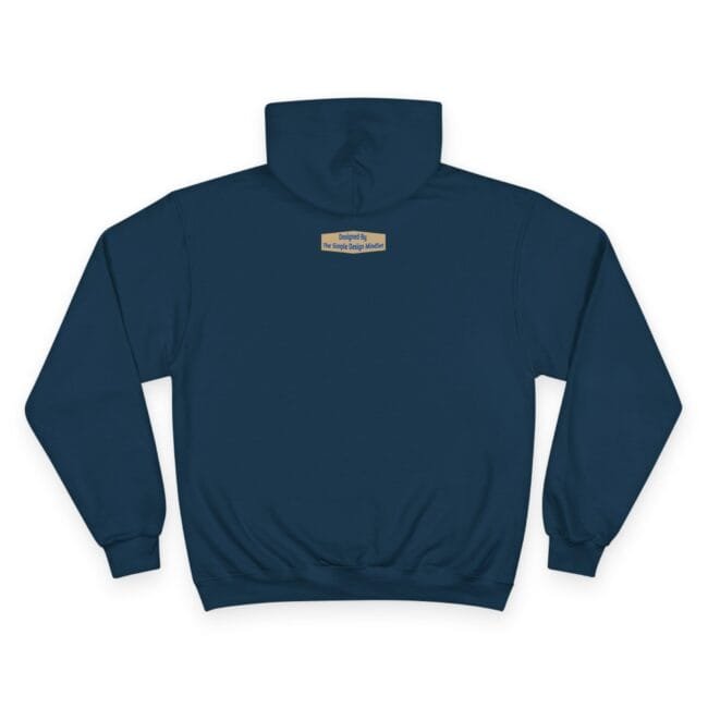 Back view of a navy hoodie with a small beige label centered near the neckline on the upper back (tag text may be present)