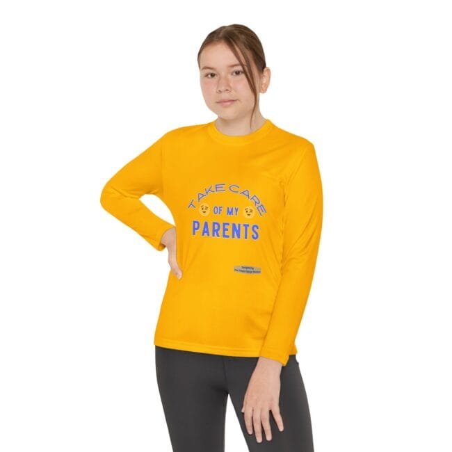 Young girl wearing a bright yellow long-sleeve shirt with the blue slogan 'Take care of my parents'.