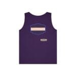 Purple sleeveless T-shirt with a blue outlined label and orange text that reads: 'BREATHE IN THE FRESH AIR TO EMPOWER YOUR ENERGY'