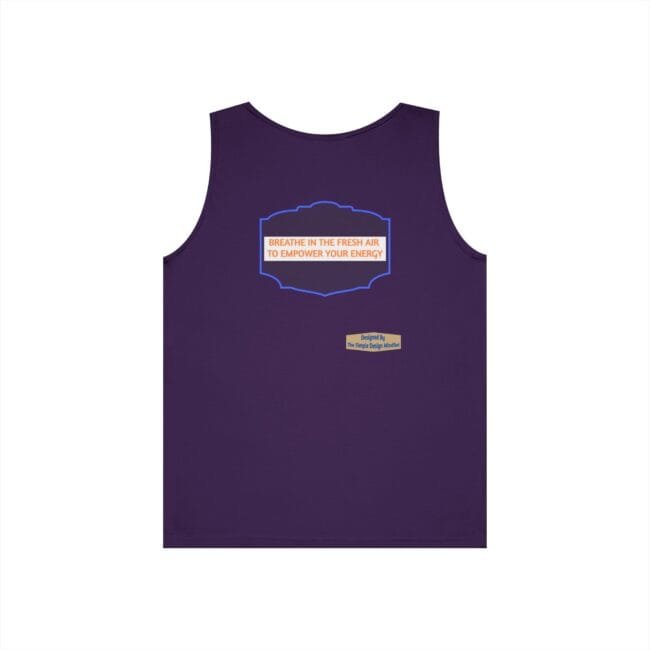 Purple sleeveless T-shirt with a blue outlined label and orange text that reads: 'BREATHE IN THE FRESH AIR TO EMPOWER YOUR ENERGY'