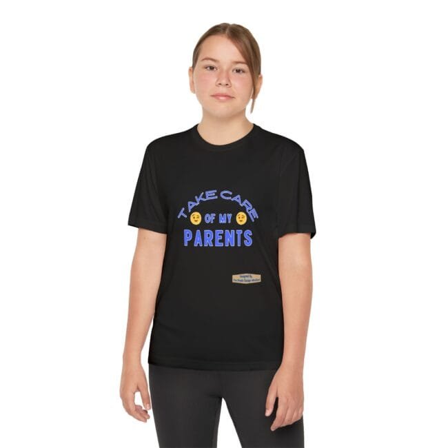 Young girl wearing a black T-shirt with blue text reading 'Take care of my parents' and a small label near the hem, front view