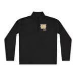 Black long-sleeve quarter-zip pullover with a small colorful chest emblem on the left side
