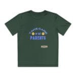 Dark-green t-shirt with text: "Take care of my parents" in blue letters and two smiling emojis between the words.