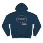 Navy hoodie with a purple framed label reading 'FOCUS ON WHAT YOU ARE DOING' in orange text and a small beige designer tag below.