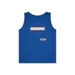 Blue sleeveless tank top featuring a central orange-text box that reads: 'BREATHE IN THE FRESH AIR TO EMPOWER YOUR ENERGY', with a small beige designer tag toward the lower right of the print.