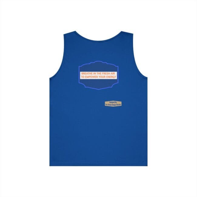 Blue sleeveless tank top featuring a central orange-text box that reads: 'BREATHE IN THE FRESH AIR TO EMPOWER YOUR ENERGY', with a small beige designer tag toward the lower right of the print.