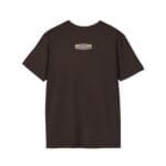 Dark brown T-shirt with a small, rectangular label on the upper back reading 'Designed By The Simple Design Mindset'