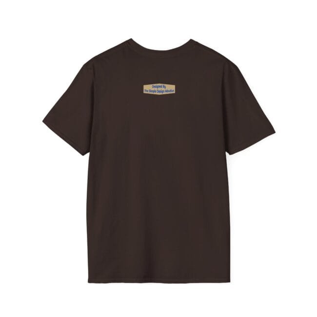 Dark brown T-shirt with a small, rectangular label on the upper back reading 'Designed By The Simple Design Mindset'