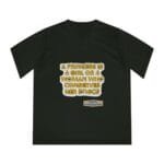 Black V-neck T-shirt with a gold typography quote: 'A princess is a girl or a woman who conserves her ethics' and a small designer label badge on the front.