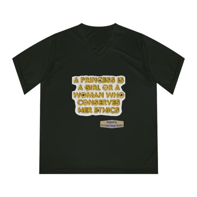 Black V-neck T-shirt with a gold typography quote: 'A princess is a girl or a woman who conserves her ethics' and a small designer label badge on the front.