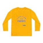 Yellow long-sleeve shirt with blue curved text 'Take care of my PARENTS' and emoji faces.