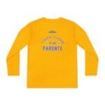 Yellow long-sleeve shirt with blue text that reads 'Take Care Of My Parents' on the back, with emoji faces.