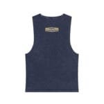 Navy blue sleeveless tank top viewed from back with a small beige label reading 'Designed By The Simple Design Mindset' on the upper center.