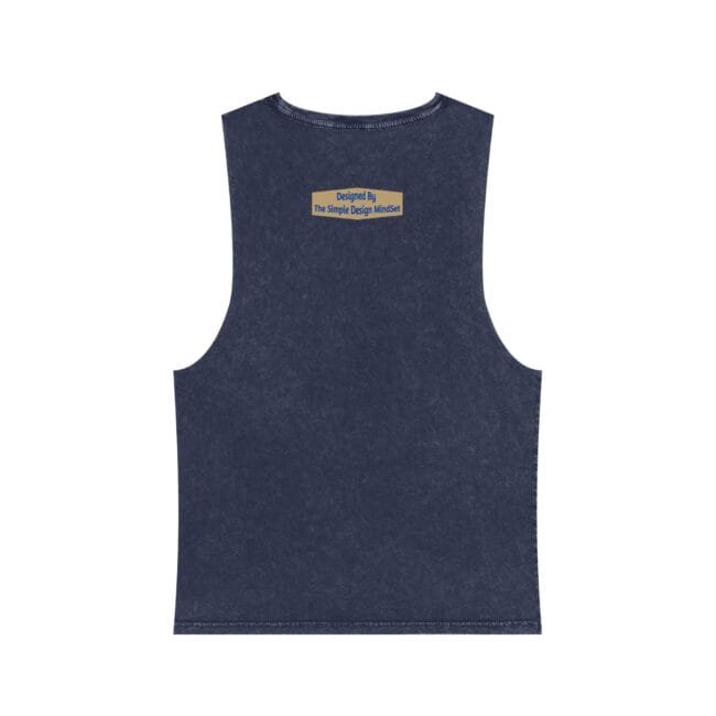 Navy blue sleeveless tank top viewed from back with a small beige label reading 'Designed By The Simple Design Mindset' on the upper center.