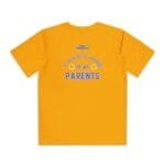 Orange T-shirt with blue text 'TAKE CARE OF MY PARENTS' and two emoji faces above the word PARENTS.