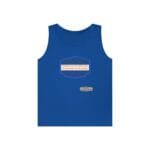 Blue sleeveless tank top with a centered orange slogan: 'Breathe in the fresh air to empower your energy' inside a decorative blue badge.