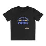 Black t-shirt displaying the slogan 'TAKE CARE OF MY PARENTS' in blue letters with emoji faces, a small label at the lower front.