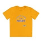 Bright orange T-shirt with blue curved text reading 'TAKE CARE OF MY PARENTS' and a small brand patch near the lower right.