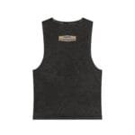 Dark washed sleeveless tank top with a small tan label on the back upper center reading, “Designed By The Simple Design MindSet.”