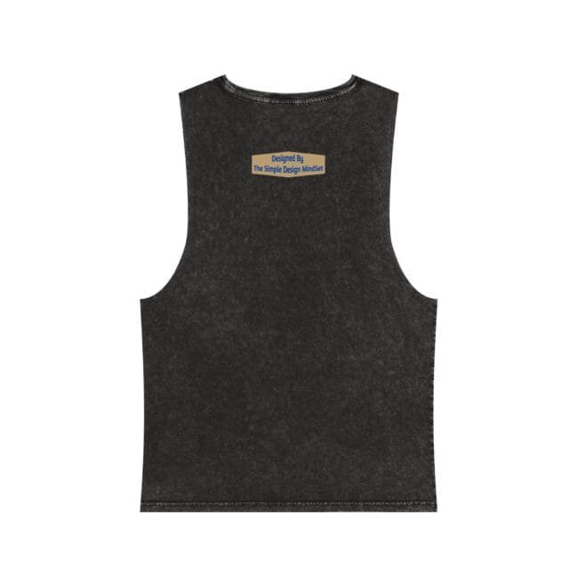 Dark washed sleeveless tank top with a small tan label on the back upper center reading, “Designed By The Simple Design MindSet.”