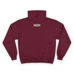 Maroon hoodie shown from the back with a small beige label centered on the upper back area