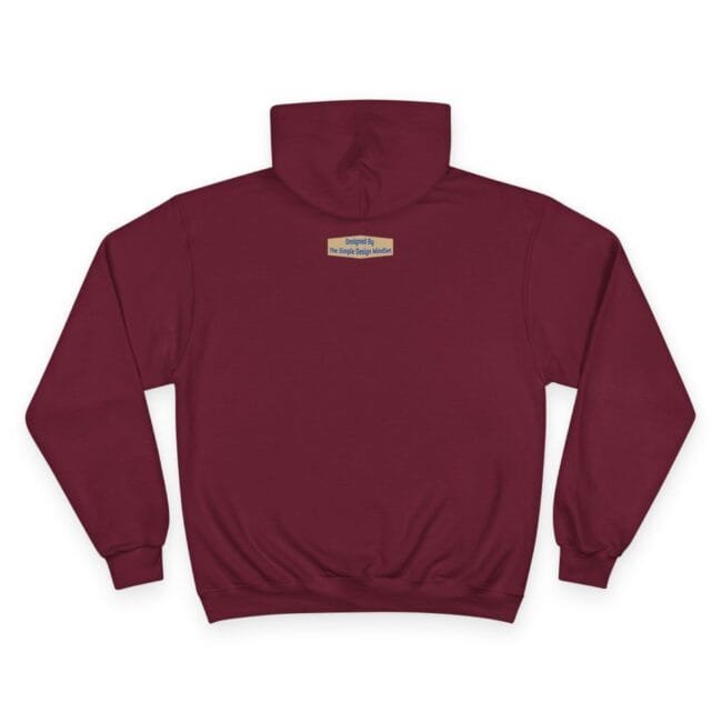 Maroon hoodie shown from the back with a small beige label centered on the upper back area