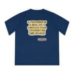 Navy T‑shirt with a gold 3D quote: 'A princess is a girl or a woman who conserves her ethics' and a small designer badge below left.
