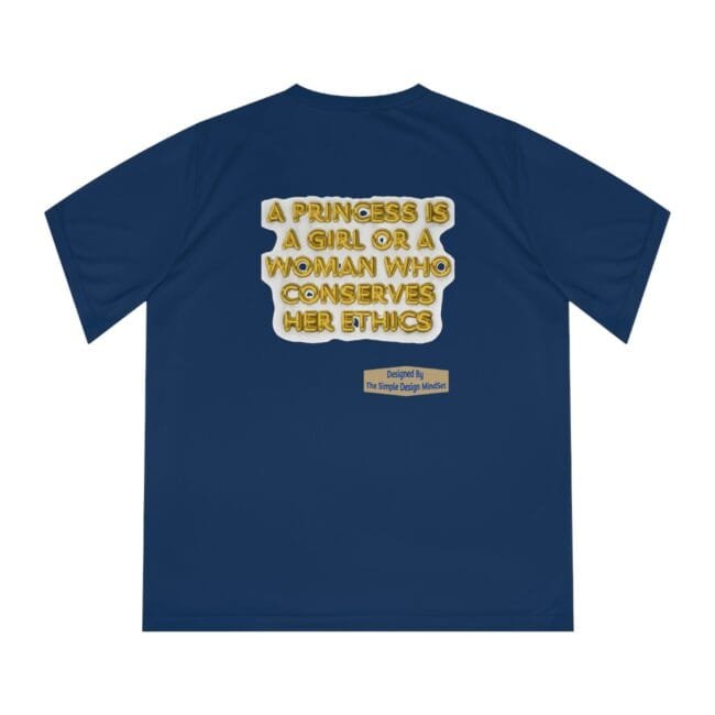 Navy T‑shirt with a gold 3D quote: 'A princess is a girl or a woman who conserves her ethics' and a small designer badge below left.