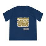 Blue V-neck T-shirt with a gold-outlined quote: 'A princess is a girl or a woman who conserves her ethics' and a small designer label at the bottom.